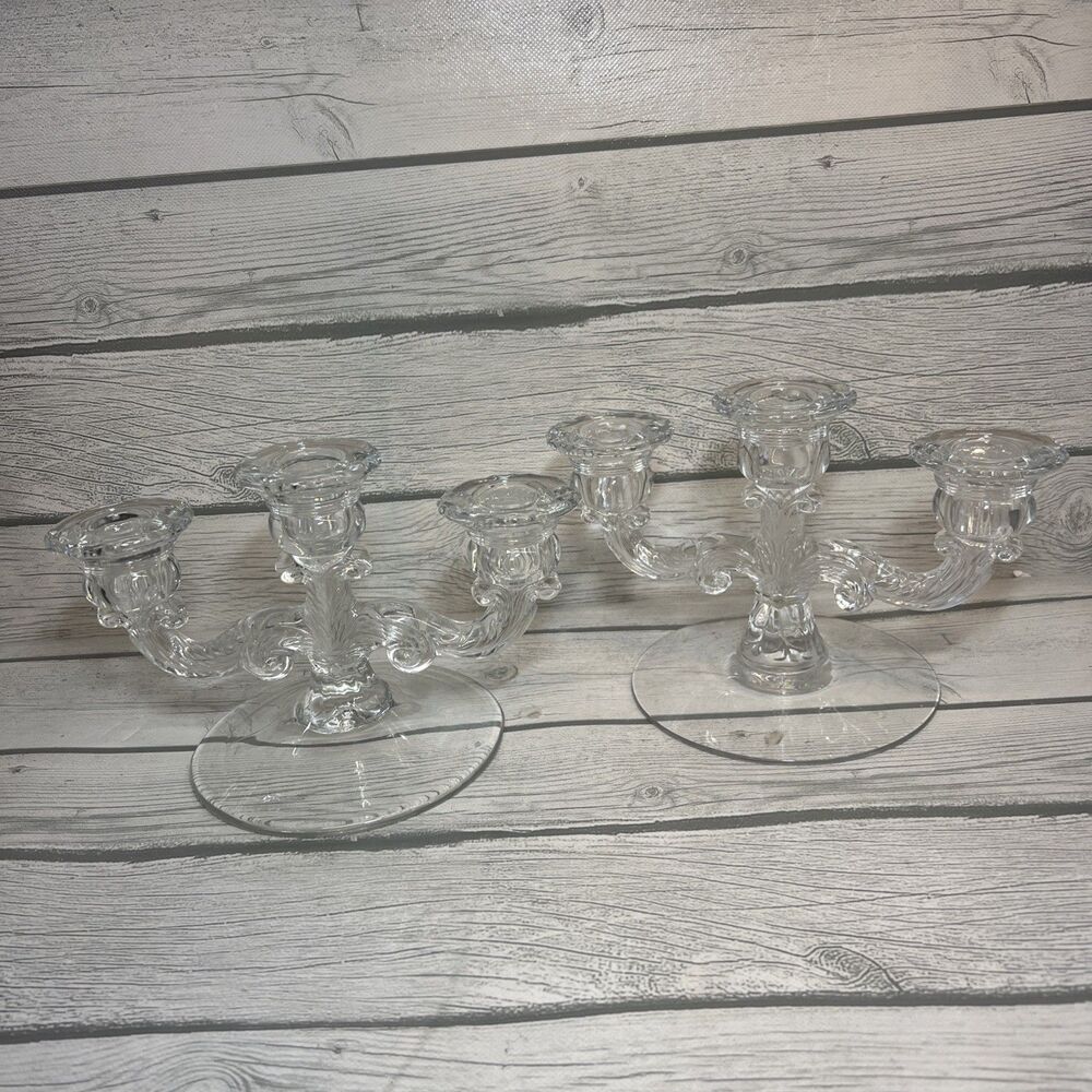 2 Cambridge Glass Caprice 3 Triple Light Candle Holders Set 40s-1950s